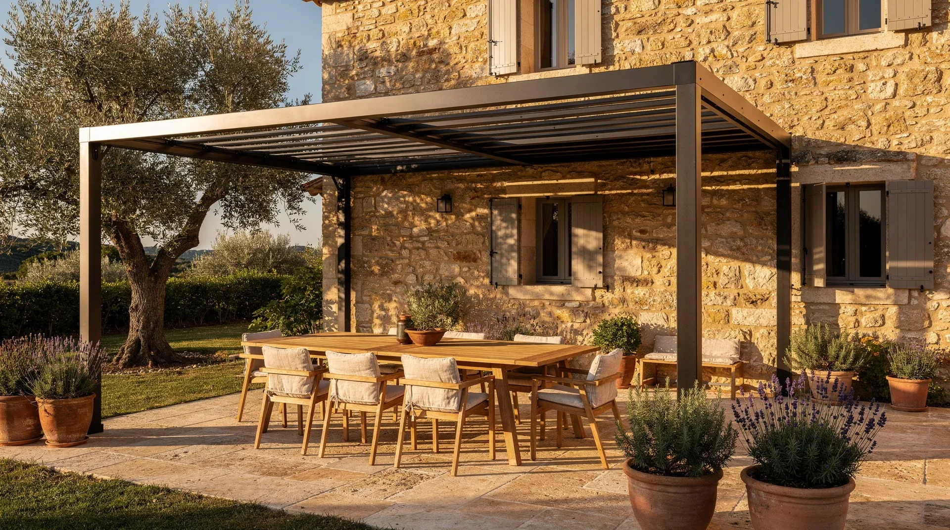 Pergola bioclimatique contemporaine installée sur une terrasse de maison occitane en pierre, lumière dorée de fin de journée