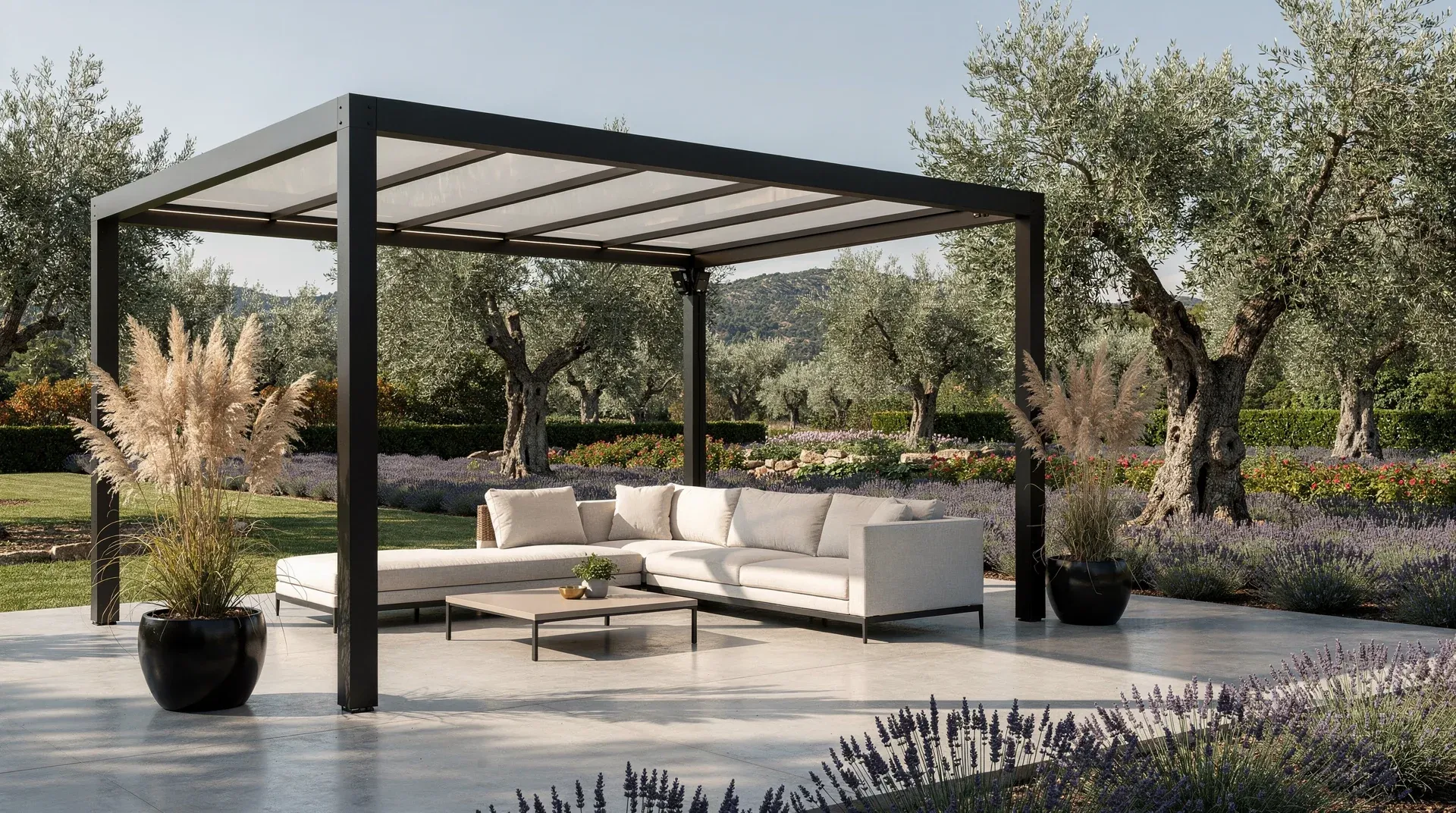 Pergola aluminium moderne avec toile rétractable sur terrasse en béton