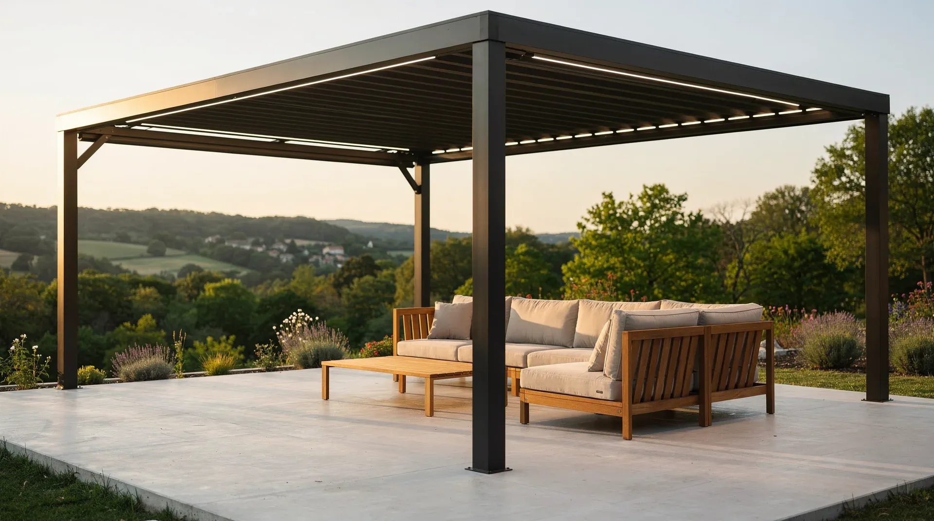 Pergola bioclimatique aluminium anthracite avec lames partiellement ouvertes, terrasse occitane