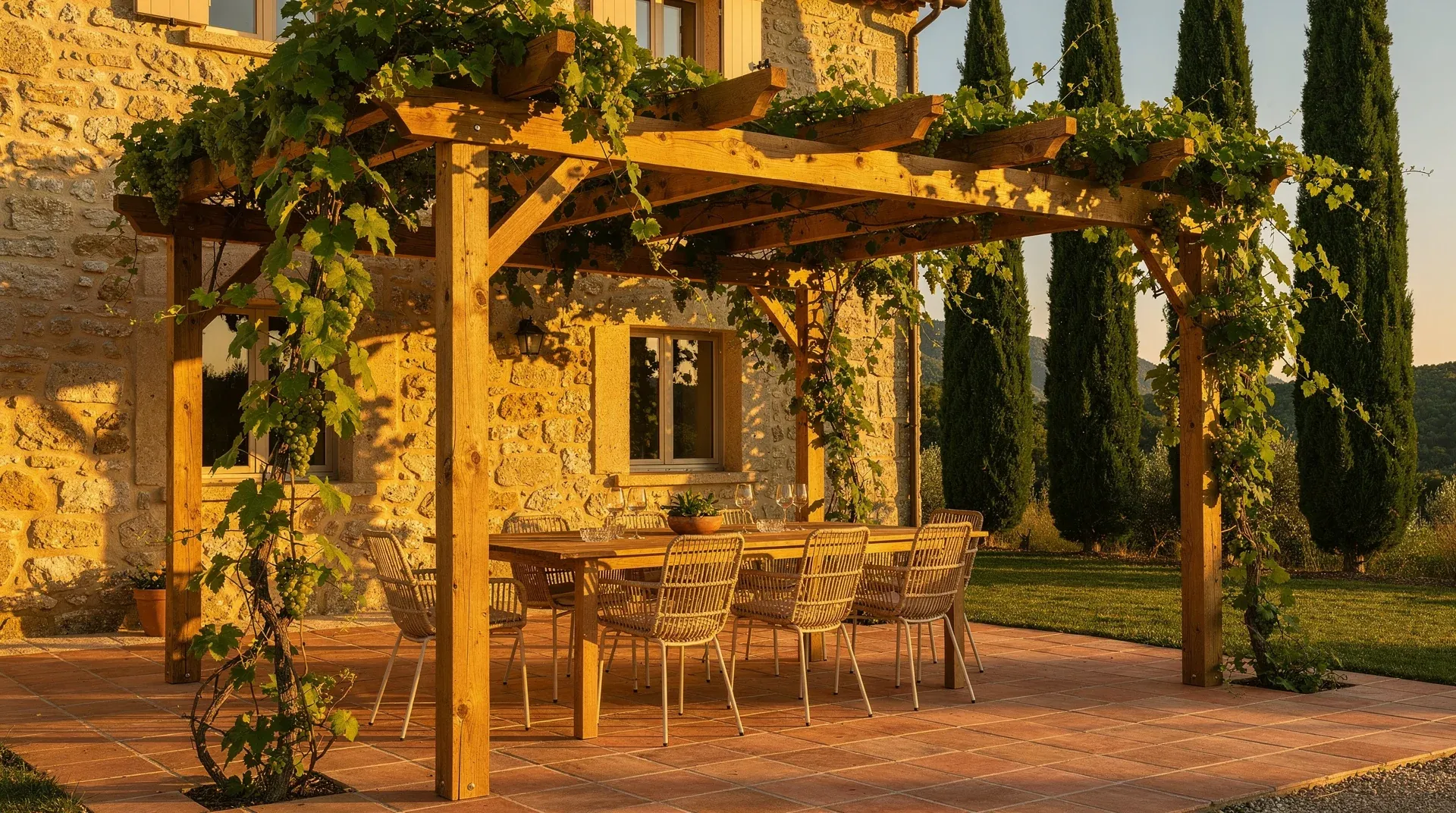 Pergola bois en douglas adossée à une maison occitane en pierre