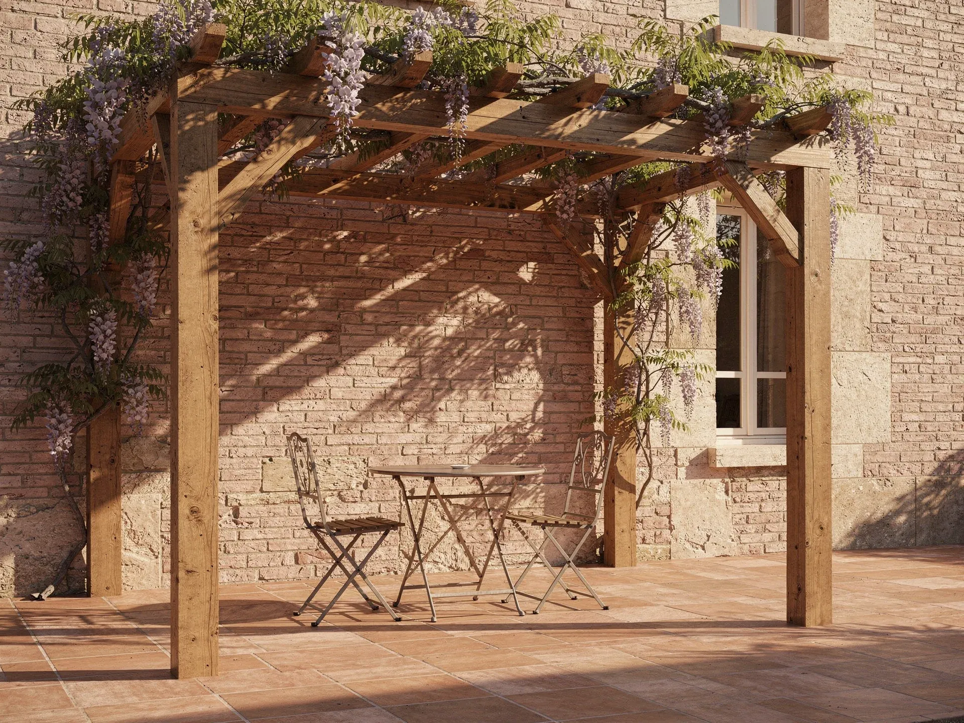Pergola bois adossée avec glycine grimpante