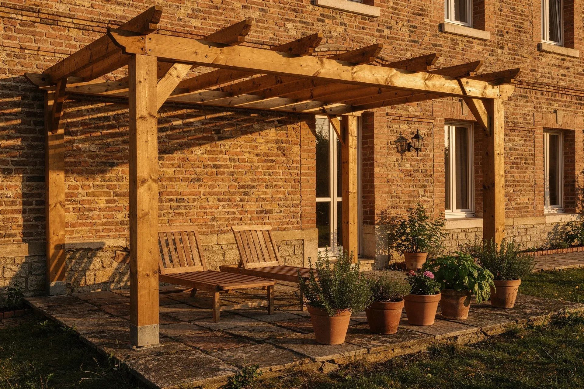 Pergola bois adossée sur maison albigeoise en brique foraine