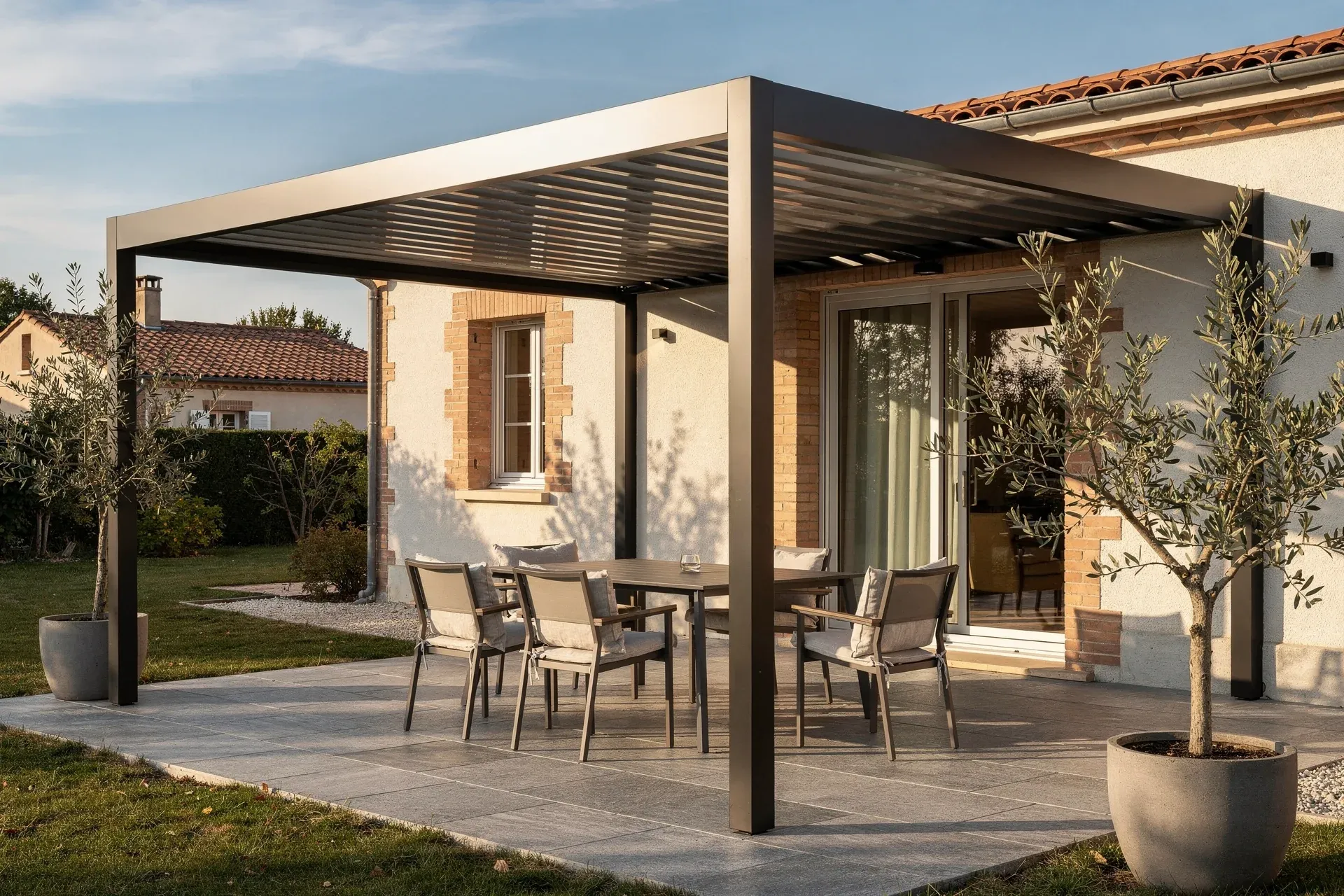 Pergola bioclimatique 4x3 m anthracite sur terrasse toulousaine